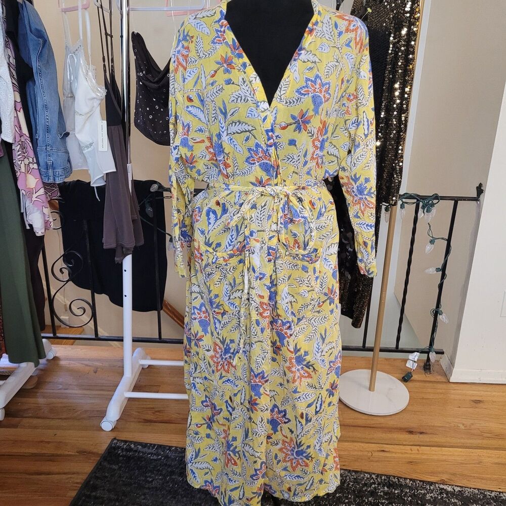 Women's Yellow Floral Kimono Style Long Wrap Duster Pockets Boho Chic One Size